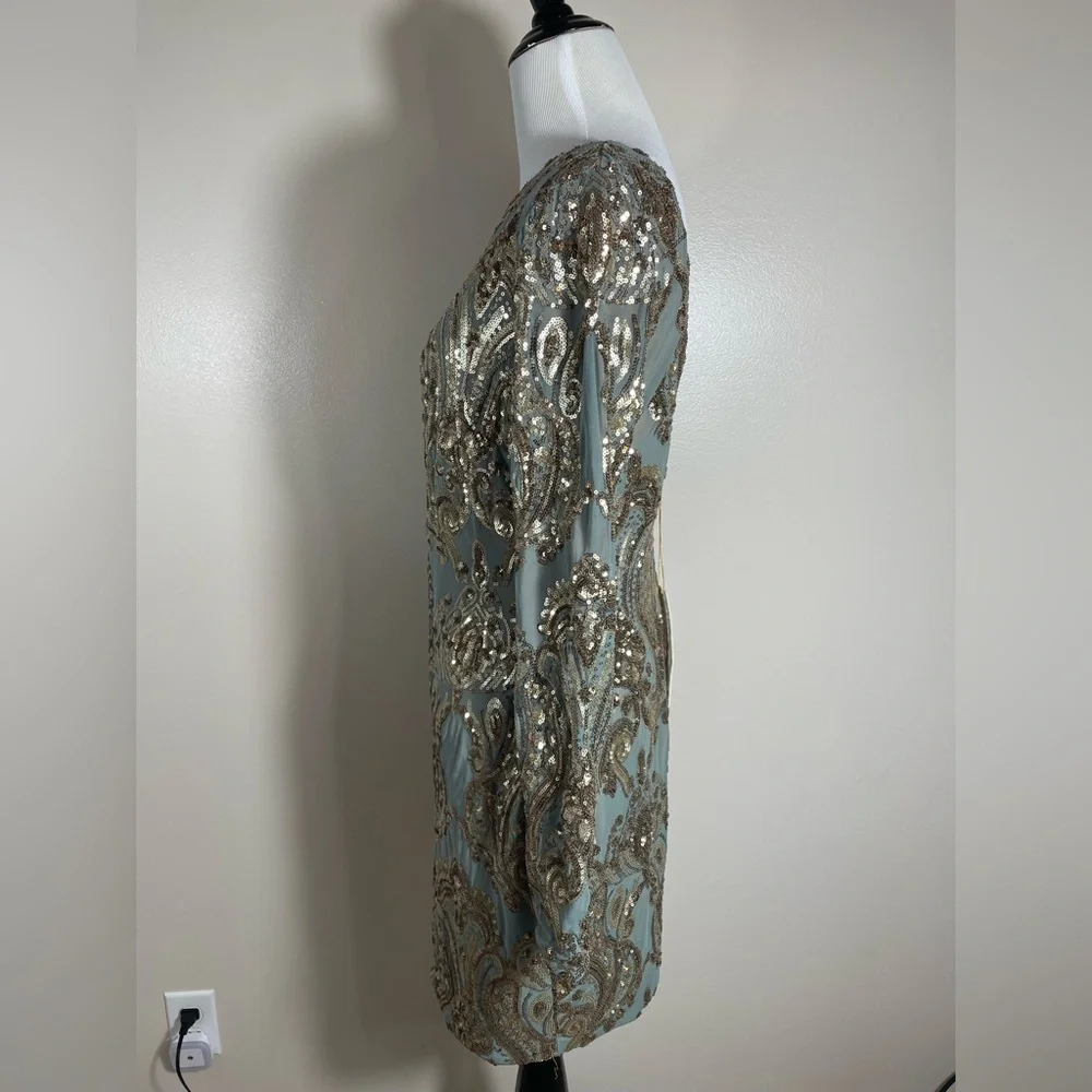 Dress the Population Gold and Shimmery Sage Long Sleeve Dress - Picture 2 of 4